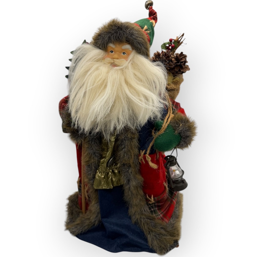 Rustic Standing Santa Claus Figurine 16" Father Christmas Plaid Faux Fur‎ Trim